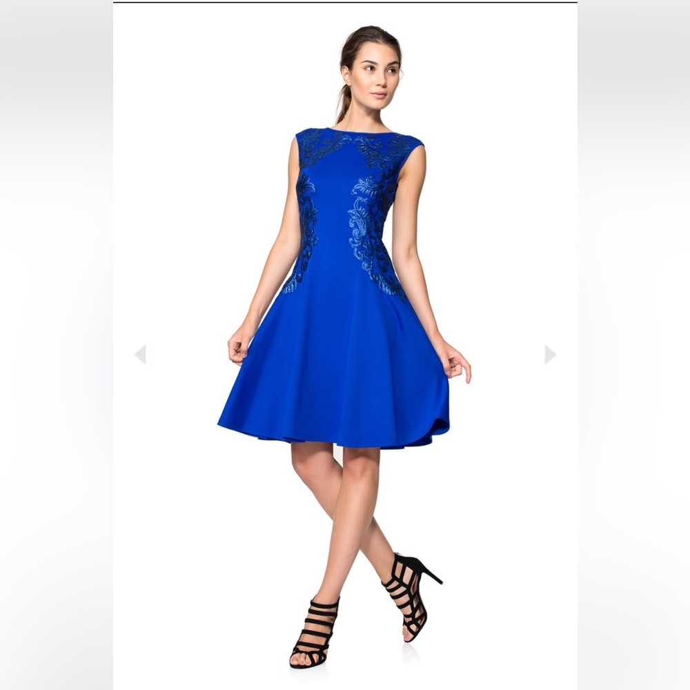 Tadashi Shoji NEOPRENE AND PAILLETTE EMBROIDERED LACE BOATNECK A-LINE DRESS XS